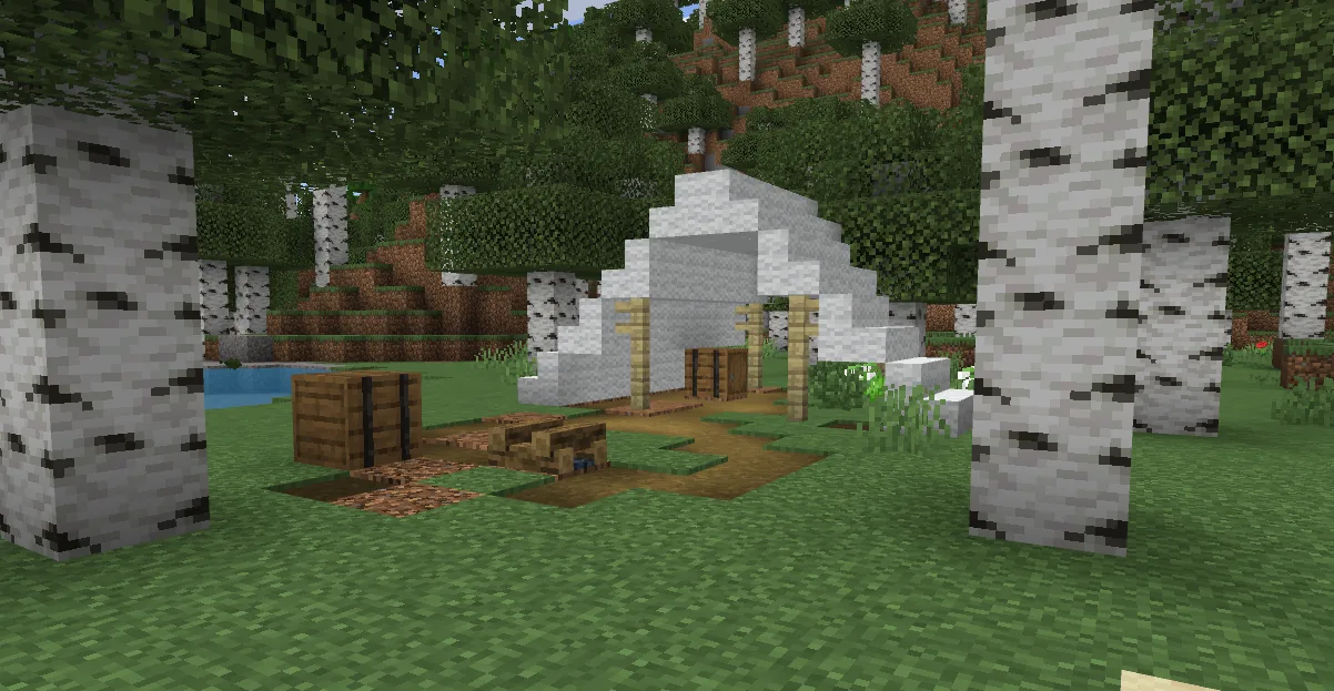 An abandoned camp variant in a Minecraft birch forest — different tent colours to match the biome