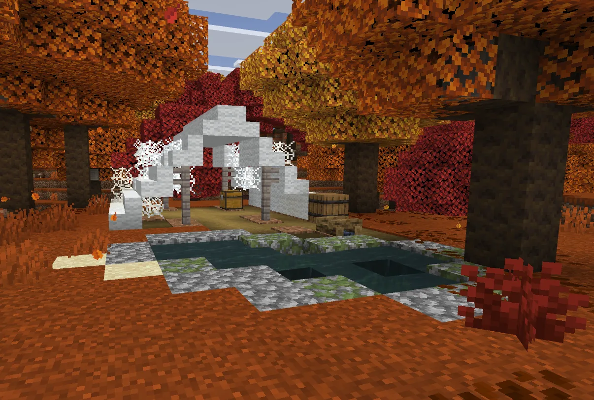 A Minecraft abandoned camp in a dappled forest biome — tents, camp furniture, and red poplar foliage overhead