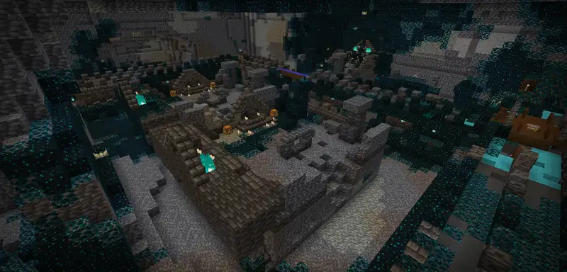 Wide interior view of a Minecraft Ancient City showing sculk shriekers along the central cathedral