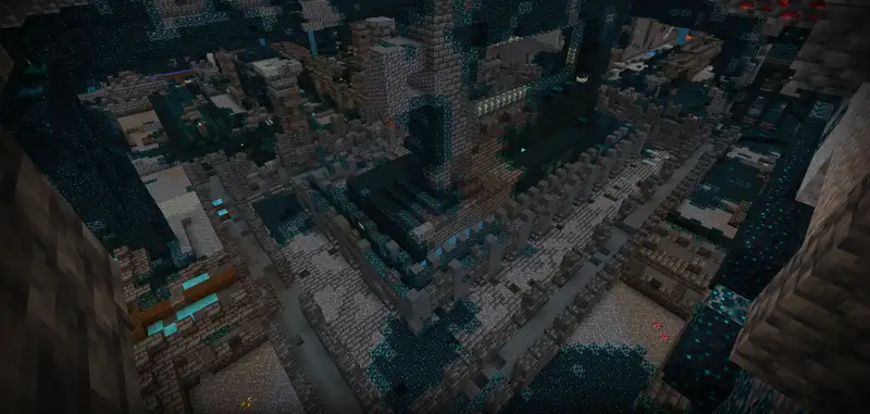 Ancient city structure in the Minecraft deep dark biome with sculk blocks and a portal frame