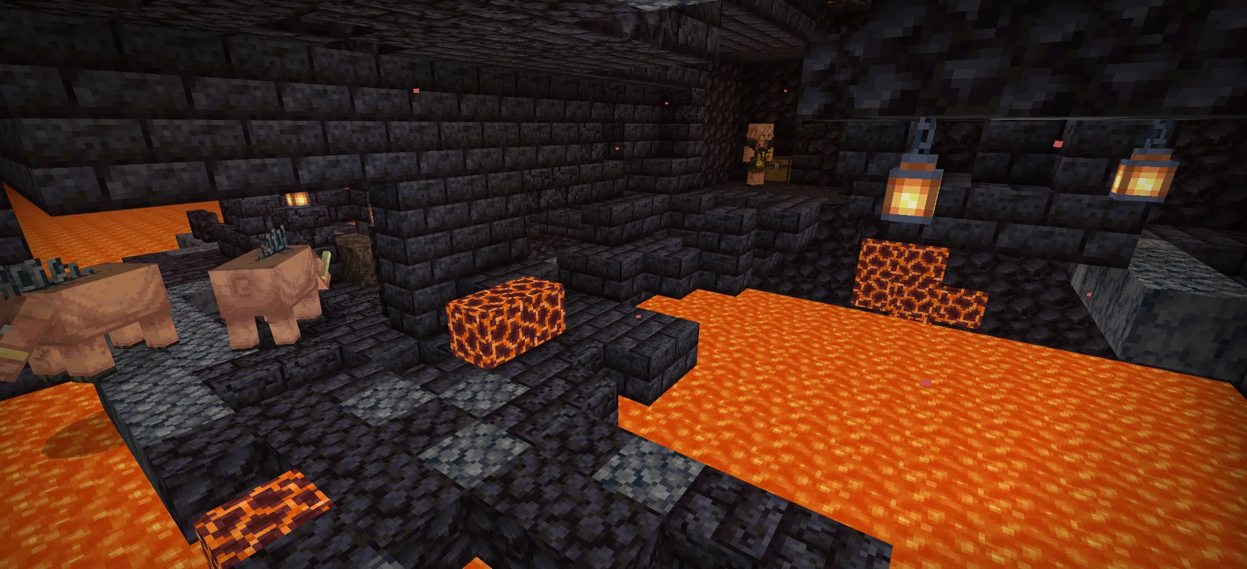 Minecraft Bastion Remnant interior showing a piglin brute guarding gold blocks and loot chests