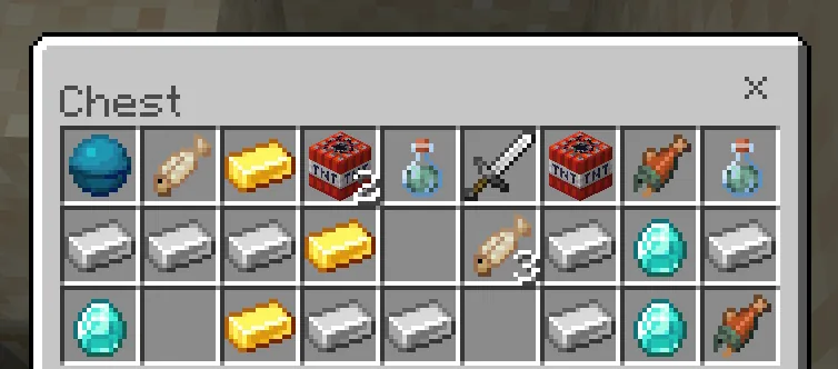 Buried treasure chest items: Heart of the Sea, gold ingots, diamonds, iron, and other loot from a Minecraft buried treasure chest