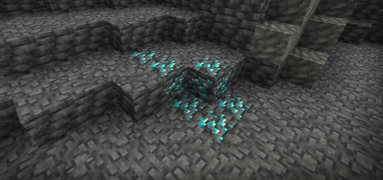 Deepslate diamond ore embedded in a stone wall — the deepslate variant found below Y 0 in Minecraft