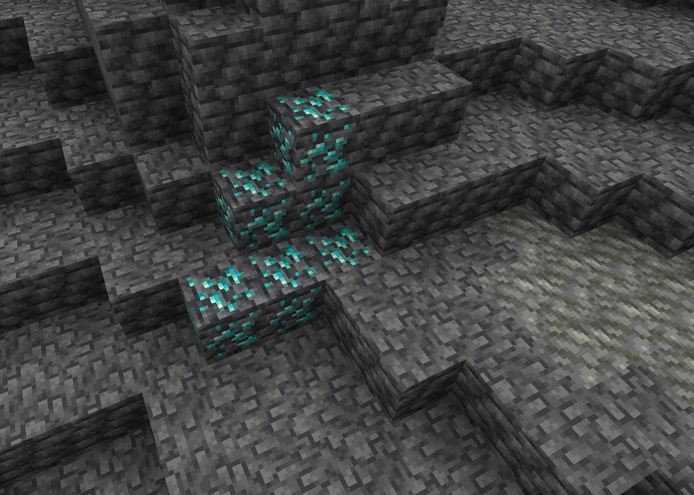 Diamond ore veins exposed in a deepslate cave in Minecraft — pale blue crystals in dark deepslate stone
