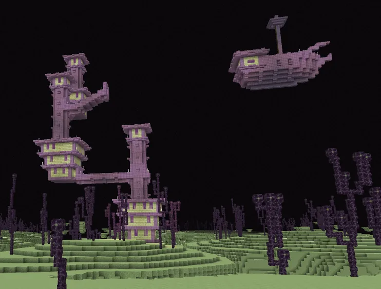 A Minecraft End City tower with an End Ship docked beside it — purpur architecture floating above the end stone islands