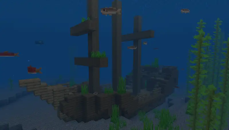 Intact Minecraft shipwreck run aground on a beach with dark oak planks and sails