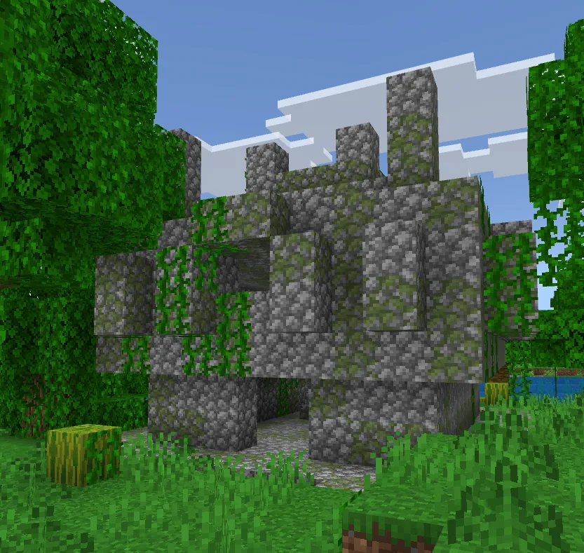 A Minecraft jungle temple built from mossy cobblestone, hidden among thick jungle foliage