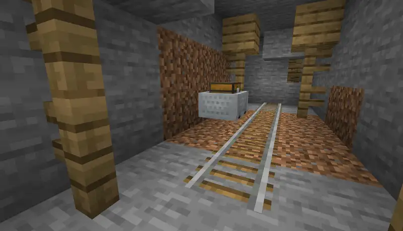 A chest minecart on rails inside a Minecraft Mineshaft corridor