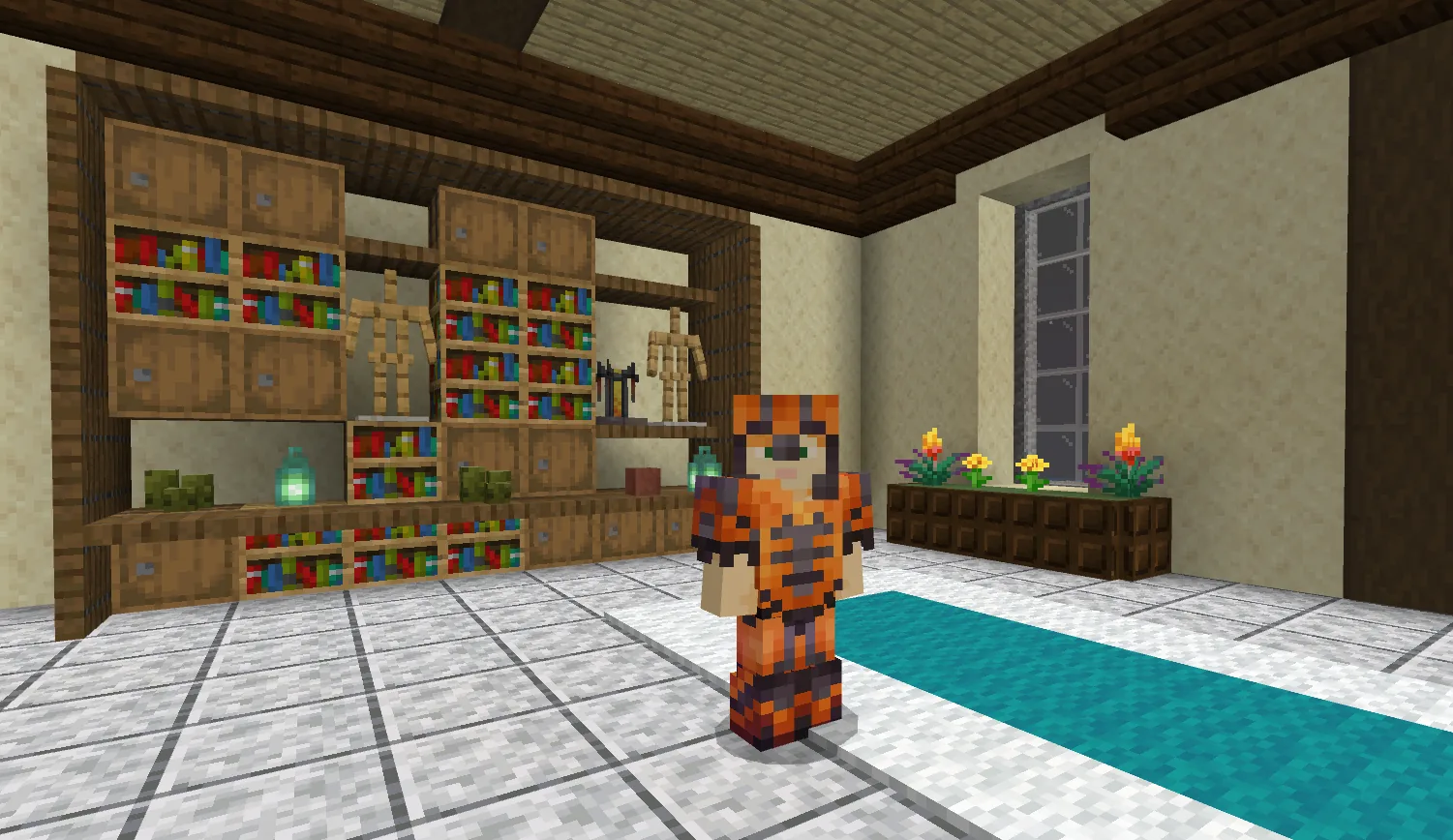 A Minecraft player in full netherite armour with the Silence armour trim and resin colour customisation