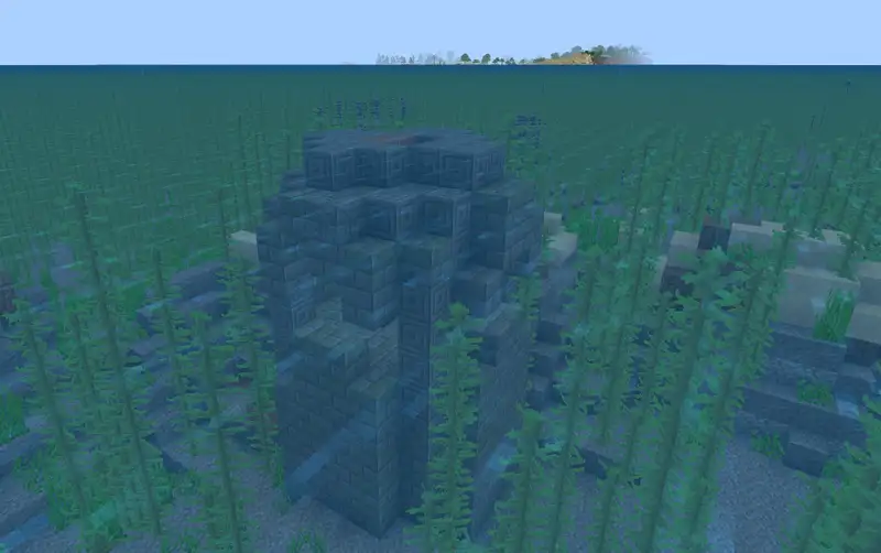 Underwater ocean ruin made of cracked stone brick at the seabed