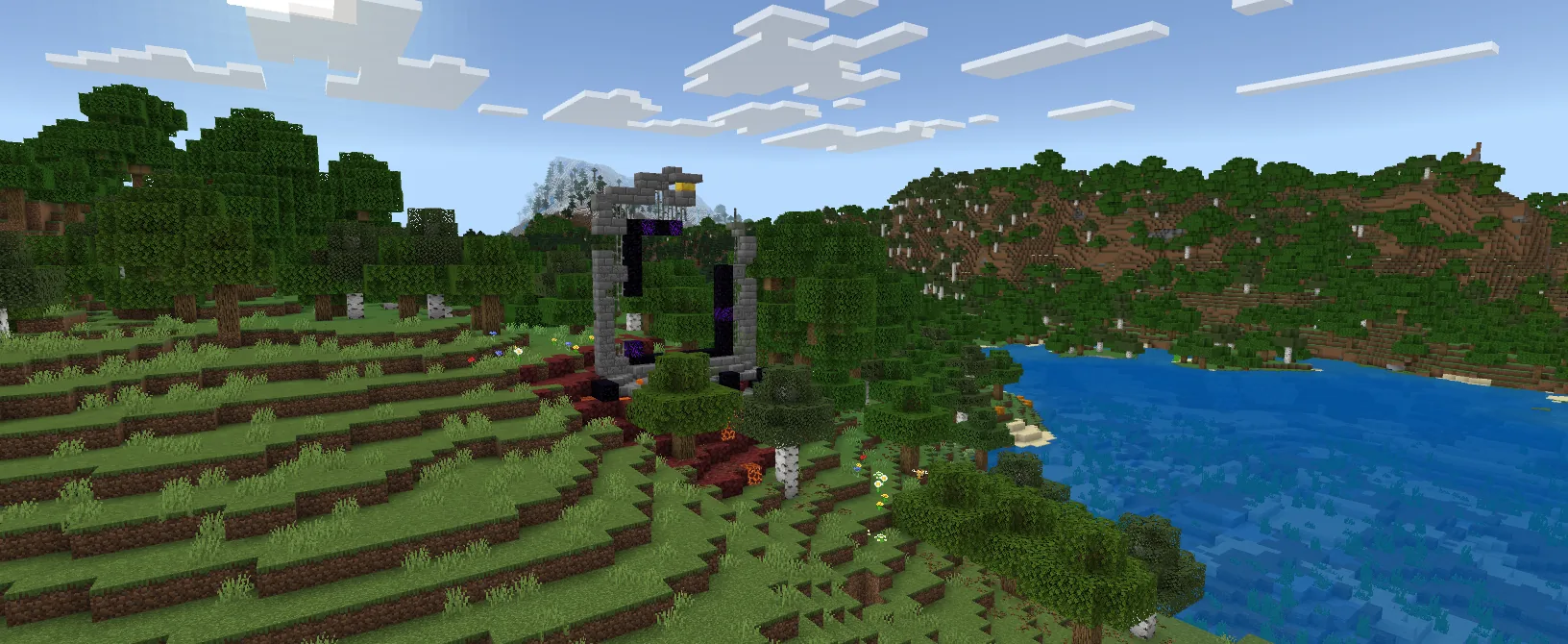 A scenic shot of a Minecraft ruined nether portal — broken obsidian frame against an open landscape