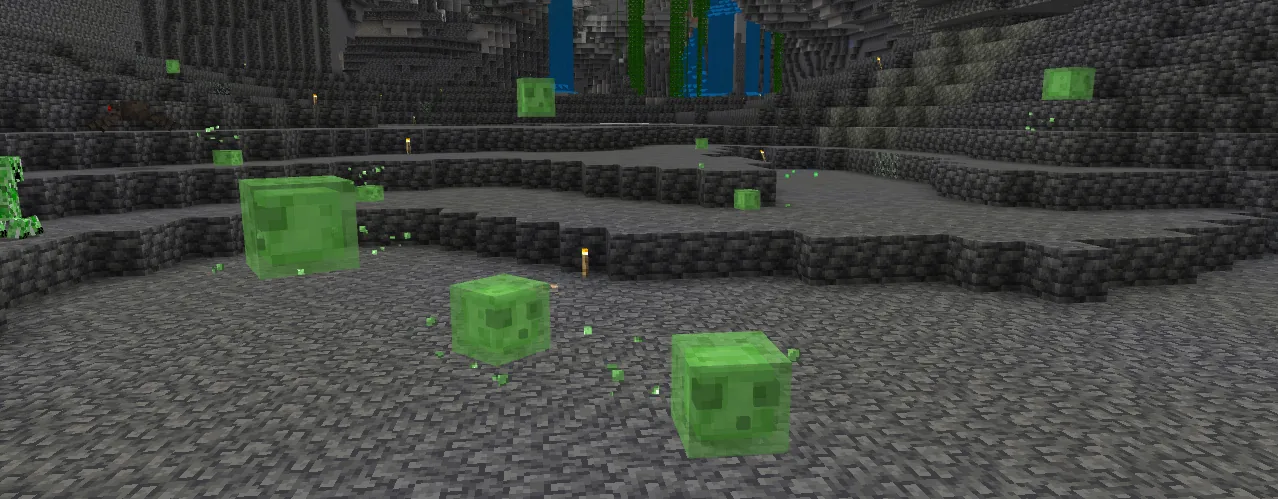 Multiple Minecraft slimes jumping in a dark cave — the active spawn pattern of a slime chunk