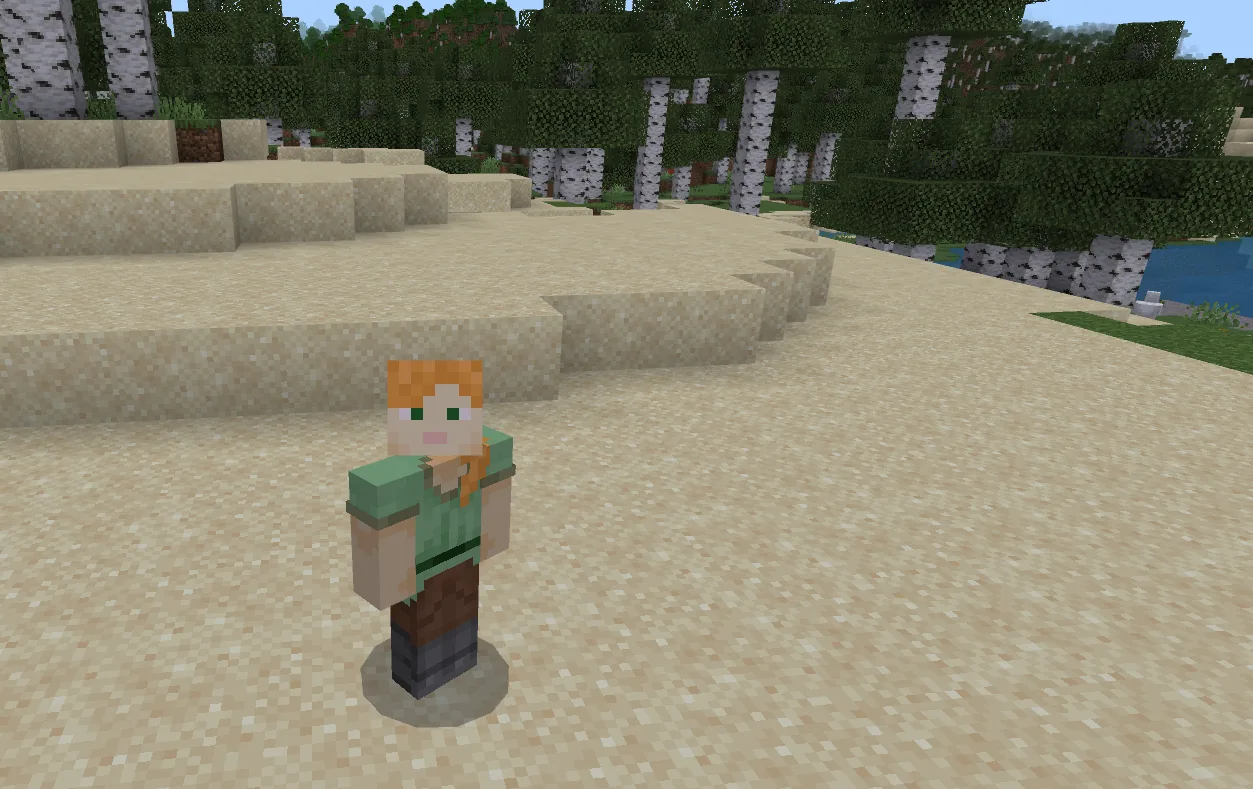 A Minecraft player standing on a beach near their world spawn point
