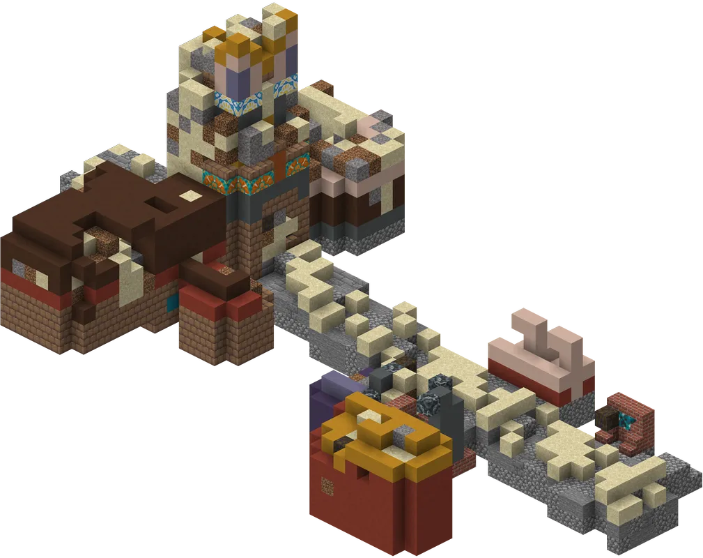 A Minecraft trail ruins stone structure partially buried in dirt with suspicious gravel waiting to be brushed