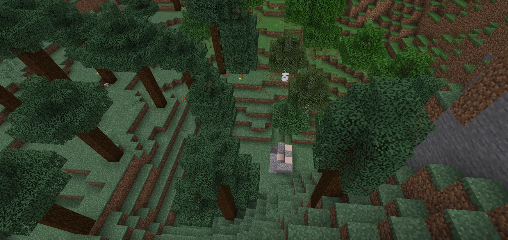 A wide in-game shot of a Minecraft trail ruins site partly buried in a taiga forest
