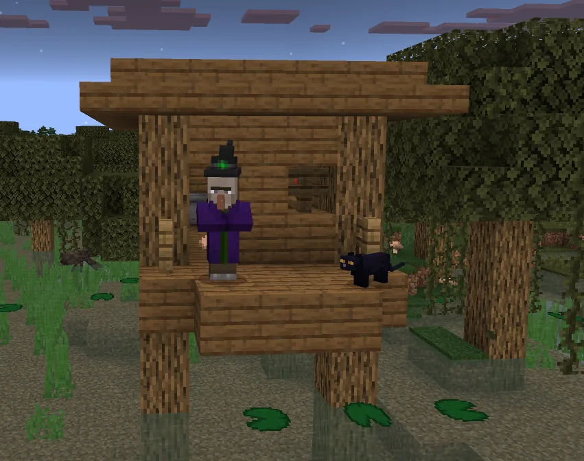 A Minecraft witch hut on stilts in a swamp with a witch on the porch and a black cat sat outside
