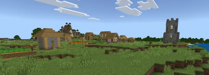 A plains Village in Minecraft with oak-wood houses and a Village well