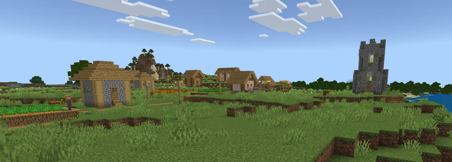 Plains village built on flat grass terrain in Minecraft