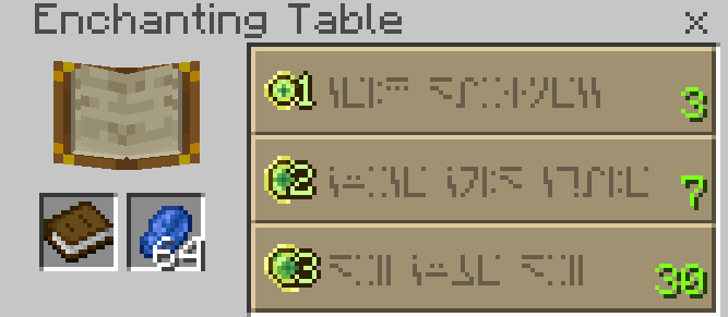 Enchanting table UI showing the level-30 enchant option on the bottom slot