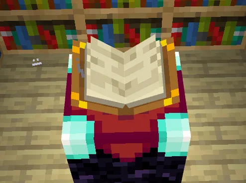 Player standing at an enchanting table, book animation active