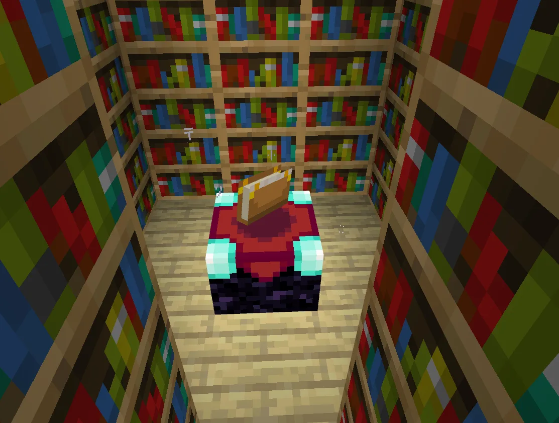 Enchanting table surrounded by a ring of bookshelves in a Minecraft base
