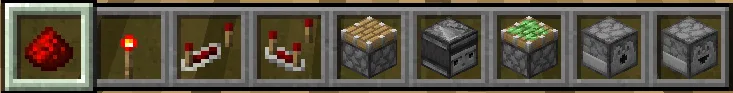 A Minecraft inventory showing common redstone components — dust, torch, repeater, comparator, piston, hopper
