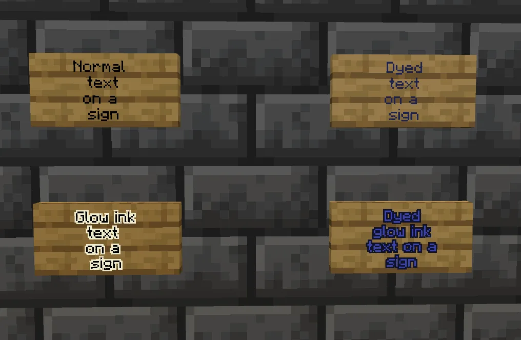 Four Minecraft signs side by side: plain, dyed, glow-ink, and glow-ink + dyed
