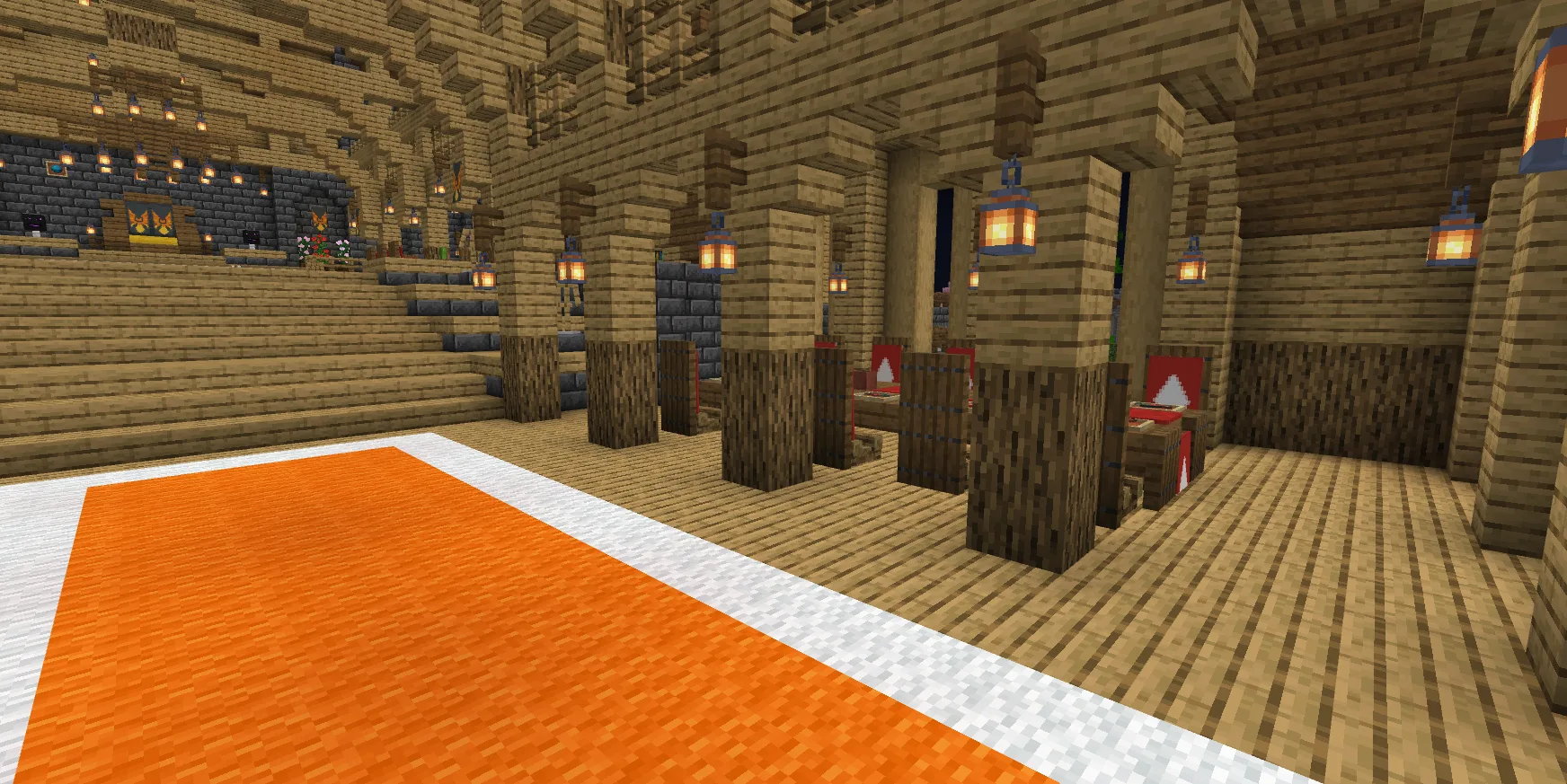 A large brightly-lit interior of a Minecraft base — no torches visible on walls or ceilings