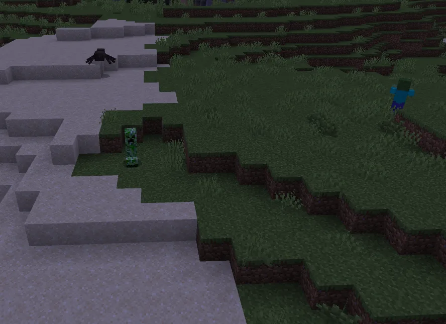Hostile mobs — zombies and other spawns — filling an unlit outdoor area at night