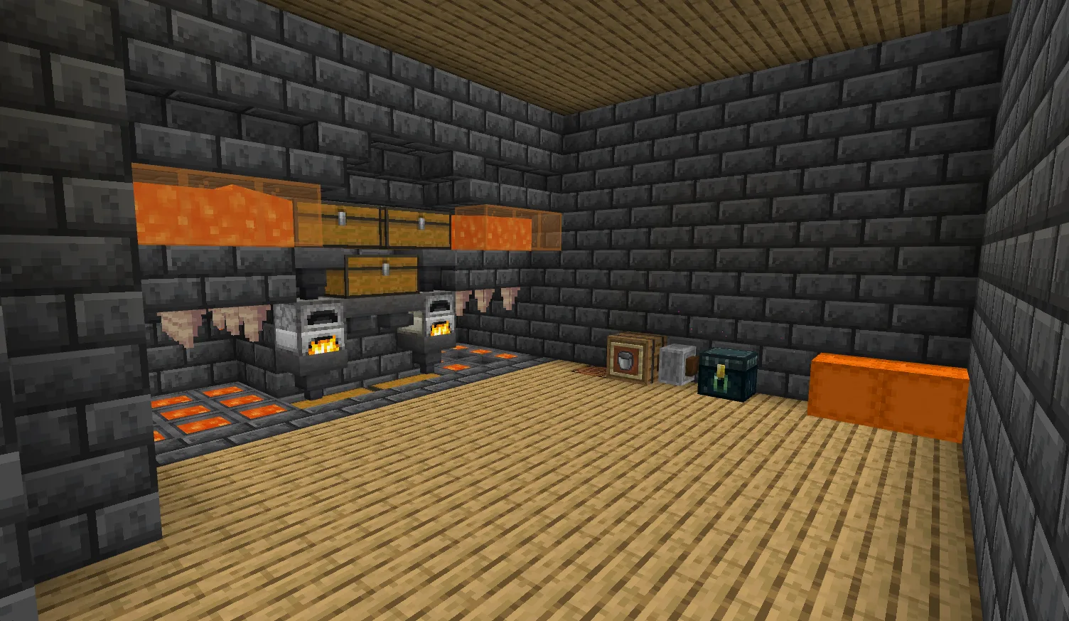 A Minecraft room from below — plain ceiling with light shining through, no torches on show
