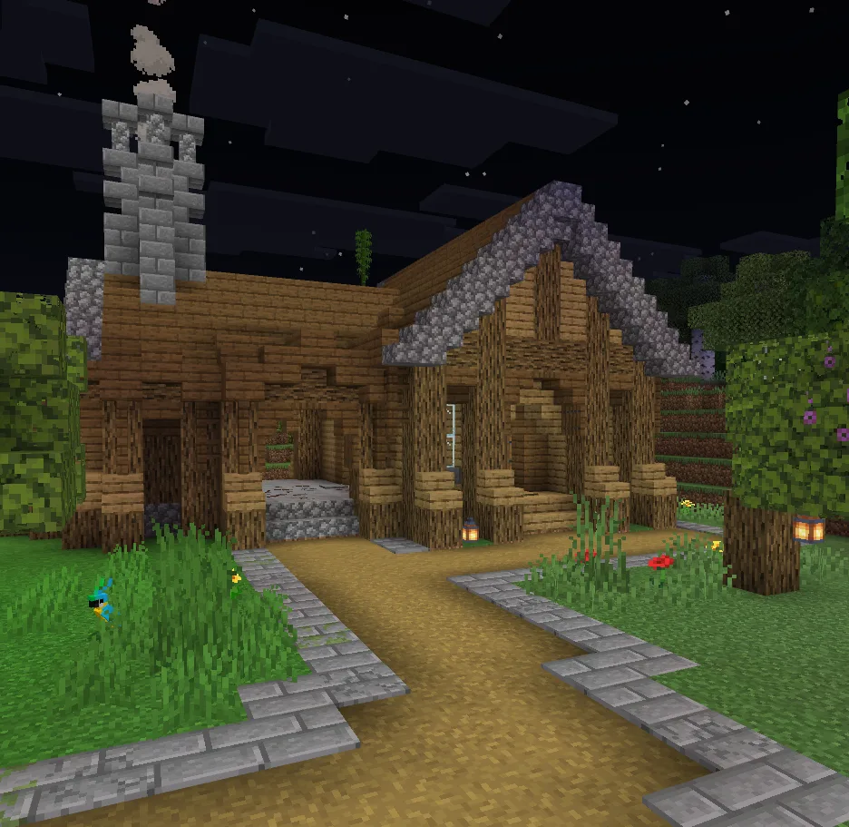 A small starter base in Minecraft lit up with a mix of lanterns and hidden light blocks