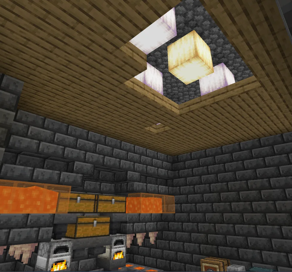 Same ceiling from above with the top slab removed — you can see the sea lantern light block sitting between the two slab layers