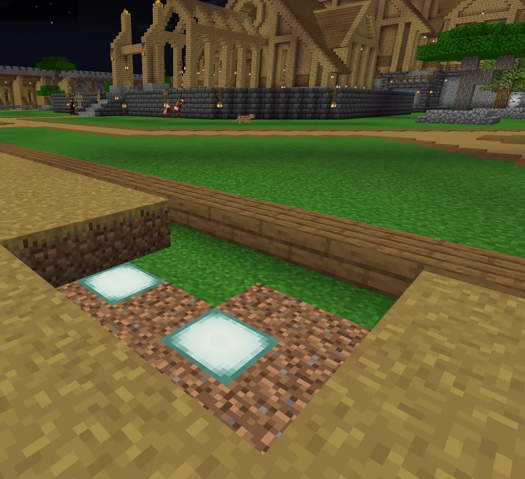A dirt path in Minecraft with a light block visible underneath it, glowing through