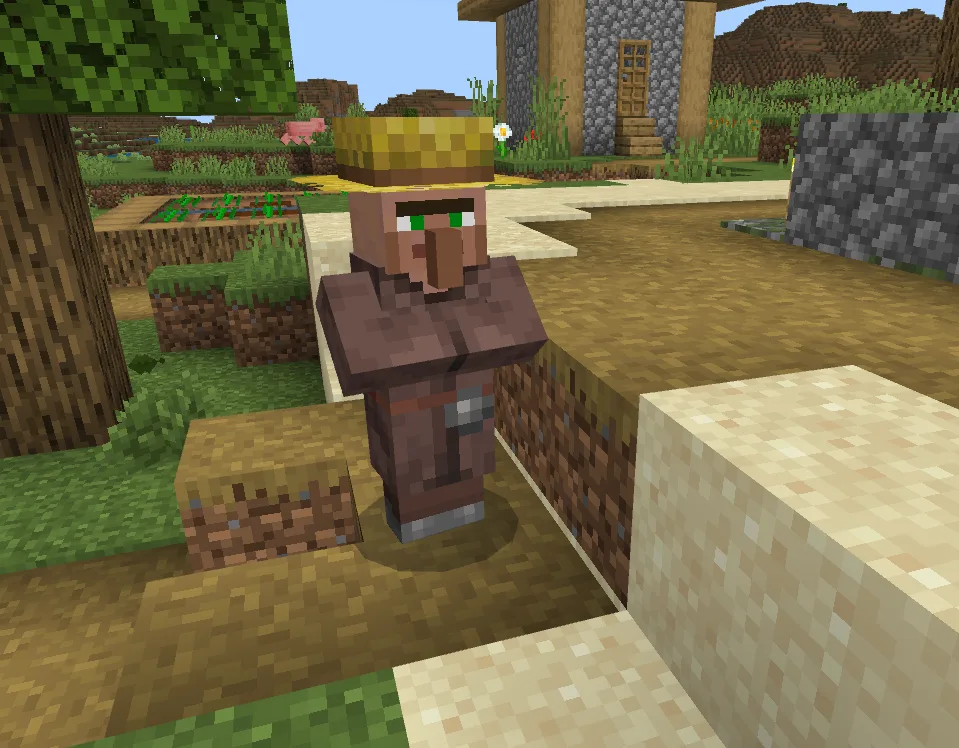 A farmer villager tending crops